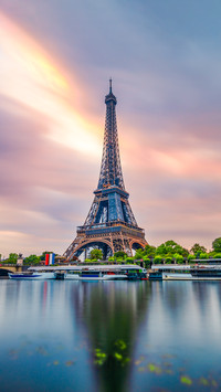 Long exposure view of Eiffel Tower at sunrise in Paris