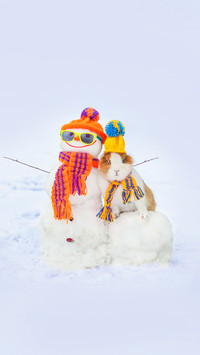 Little rabbit in a hat with funny dressed snowman
