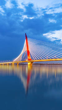 Nightscape of Modern River-Crossing Cable-Stayed Bridge