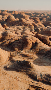In the vast desert, the sandstorm escorts the travelers