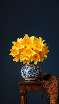 Still life of daffodil bouquet in delft blue vase