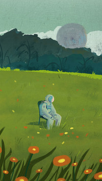 Astronaut Sitting Alone on The Grass