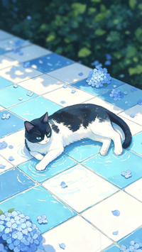 绣球花下 猫与月光