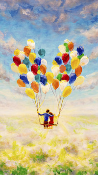 Loving Couple Flying by Balloons