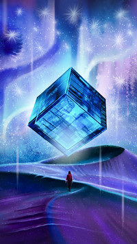 Future Universe Magic Cube and Girl under the Desert Aurora