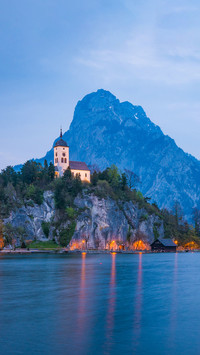 Chapel on a hill at lake Traunsee in the Alps of Austria