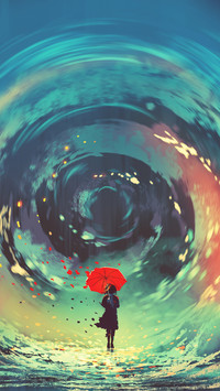 A girl standing by beach with huge whirlpool