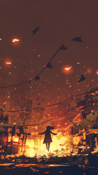 silhouettes of woman on burning village background
