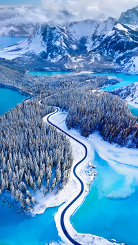 Overhead view of a road through a snow covered landscape