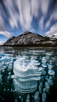 Frozen methane bubbles at barrier lake kananaskis