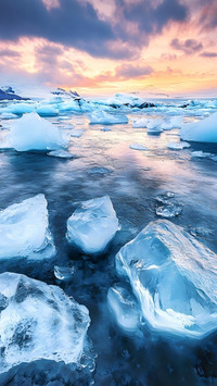 Sunset icebergs and floating ice