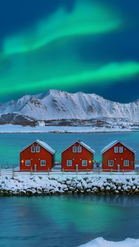 Mystic Scene: Red Cottages Under Aurora's Glow