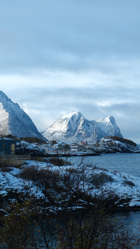 Snowcapped mountains on the sea