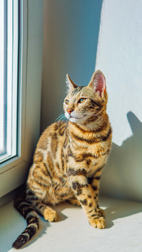 Cute golden bengal kitty cat sitting on the windowsill