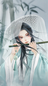 The Boy in A Robe is Playing The Bamboo Flute