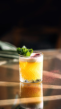 Side view on yellow whisky sour cocktail garnished with mint