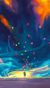 Child Holding Balloons Standing in Front of Fantasy Storm