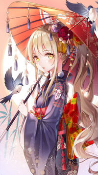 红伞下的和服少女