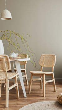 Dining Room at Cozy Home with Family Table, Teapot and Cups