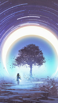 A girl Playing Guitar for The Magic Tree Against Star Trails