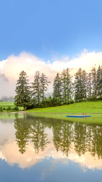 Foggy Morning on lake, with beautiful clouds and reflection