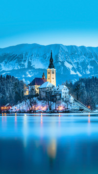 Beautiful Twilight View of Lake Bled with Famous Bled Island