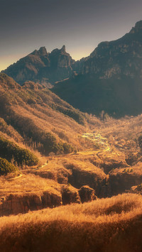 Sunlight illuminates the mountain hollow