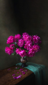 Still life with lilac peonies and butterfly