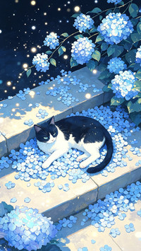绣球花下 猫与月光