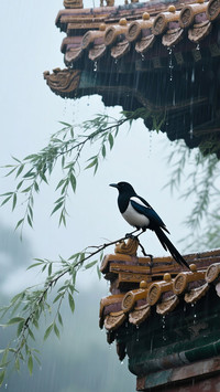 Magpies on the eaves on rainy days