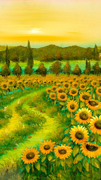 Vintage Oil Painting Depicting Sunflowers