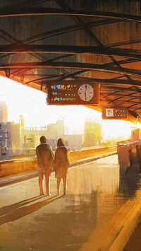 Painting of couple waiting a train on the station