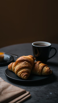 Breakfast view a bunch of croissant and a cup of coffee