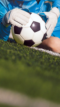 A soccer goalie catching the ball during a soccer match