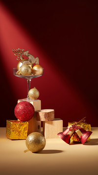 Festive Scene with Snowflake Balls in Glass, Red and Gold De