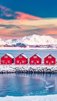 Red wooden houses on Offersoystraumen fjord shore