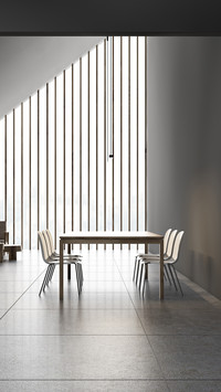 Interior of attic dining room with gray walls