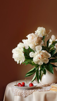 Still life with a bouquet of white peonies in a jug