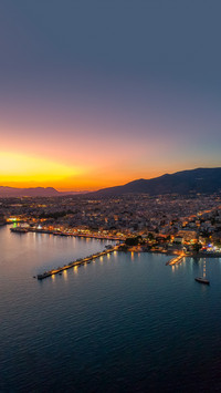 Aerial cityscape view of the coastal city of Kalamata