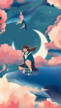 Japanese Illustration of a Girl Flying on a Whale