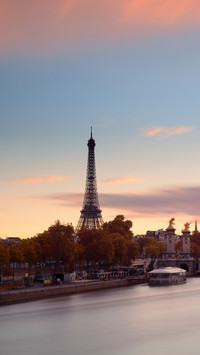 Paris River Seine with Eiffel tower at sunset