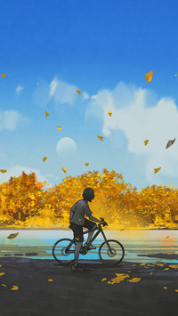 A Boy Riding On A Bicycle In Autum