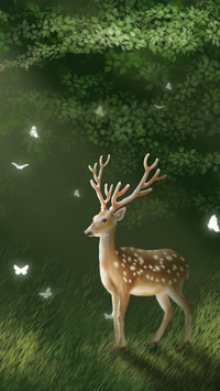 The sunlight shone on the deer and the butterflies