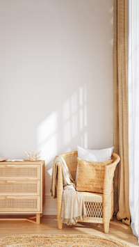 Wicker furniture in beige Coastal boho style interior