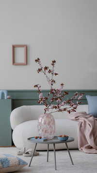 Spring living room interior with mock up poster frame