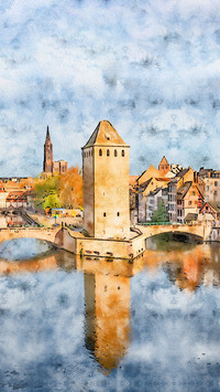Hazy reflection watercolor landscape painting
