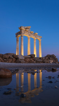 Reflection of Apollo Temple at sunset in Antalya, Turkey