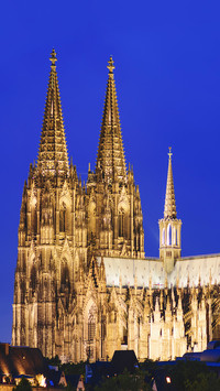 Illuminated cathedral of Cologne in the night, Germany