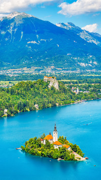Lake Bled landscape with an island at the foot of the Alps