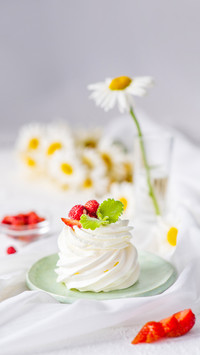 Appetizing cream meringue cake in a plate on the table